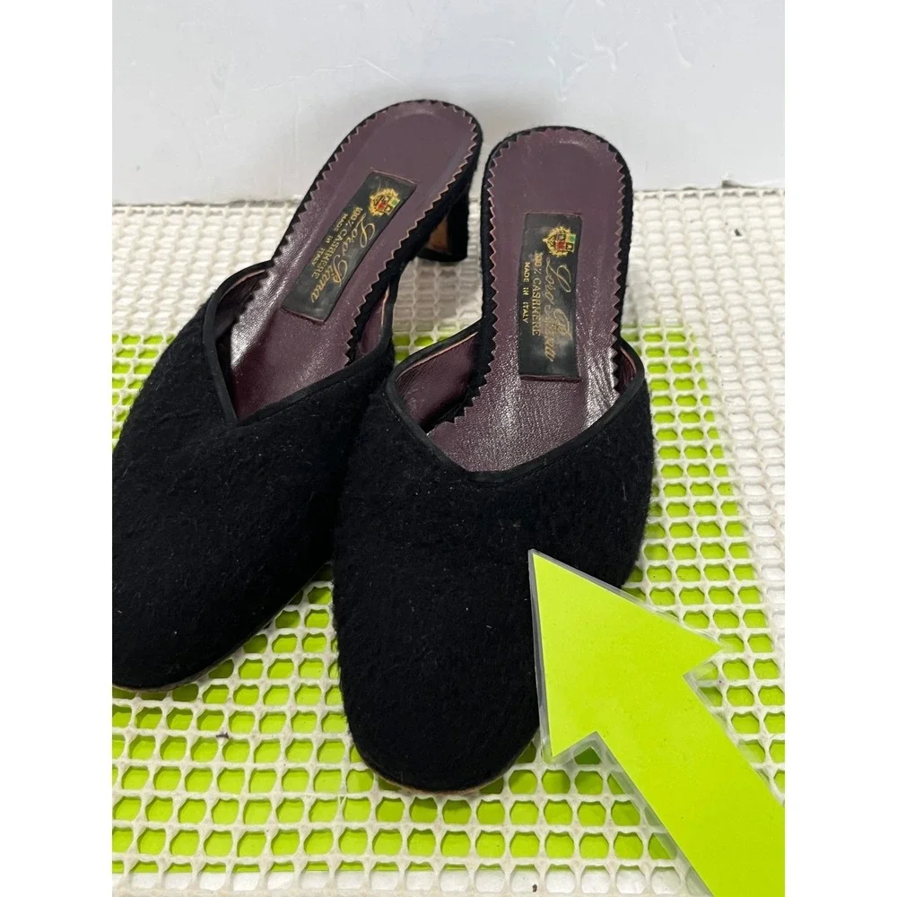 Loro Piana Kitten Heel Mules Women's 37 Black 100% Cashmere Almond Toe